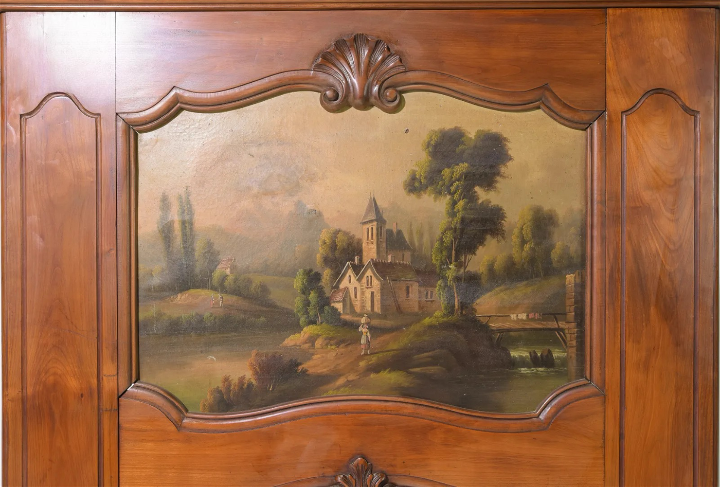 Antique 19th Century French Walnut Trumeau Mirror with Pastoral Scene