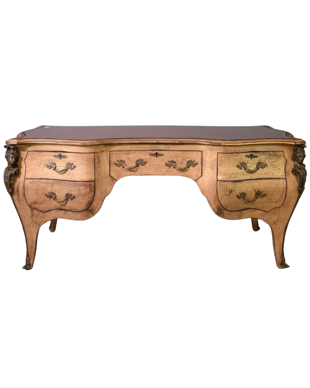 Louis XIV Library Desk with Red Leather & Glass Top