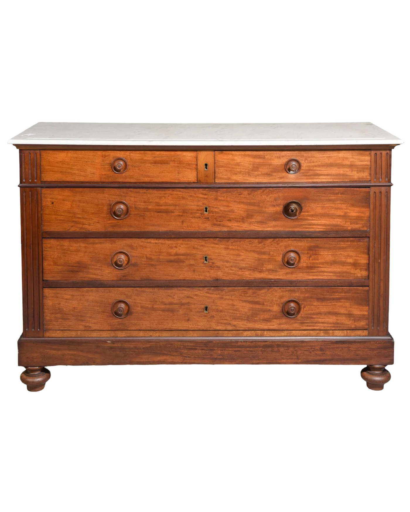 Antique French Mahogany Chest with Turned Legs and White Marble