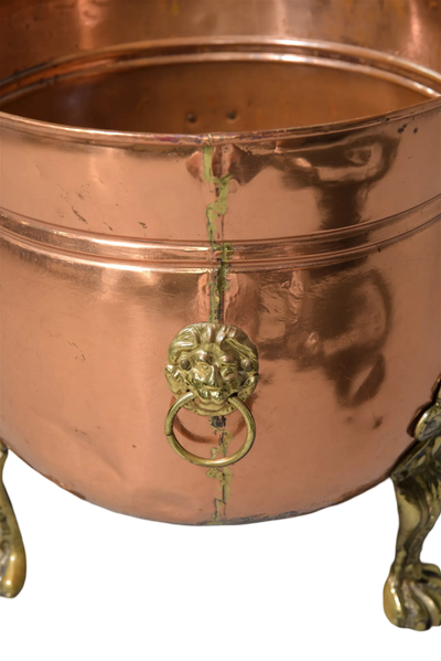 Antique Polished Copper Log Bin with Lion Handles