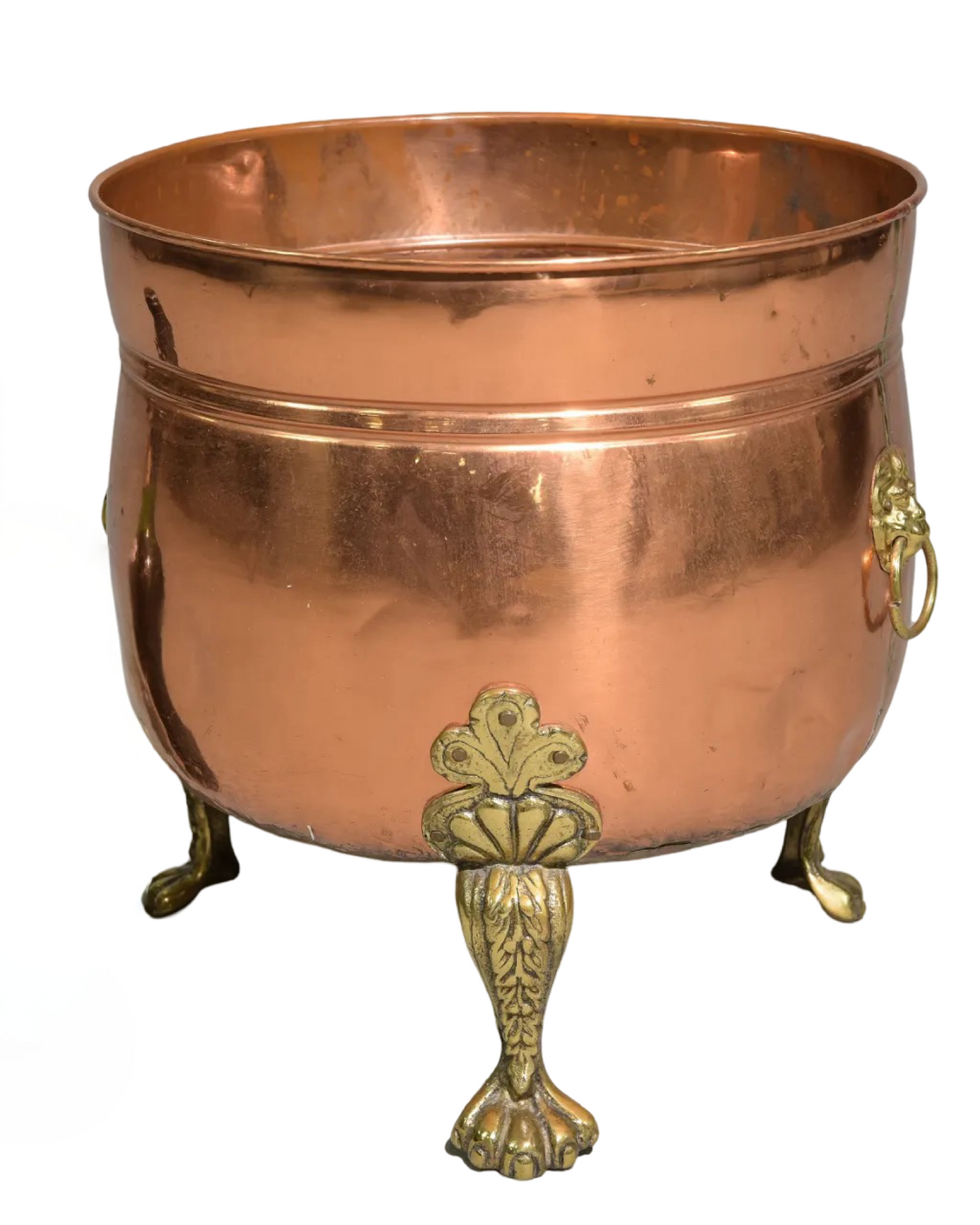 Antique Polished Copper Log Bin with Lion Handles