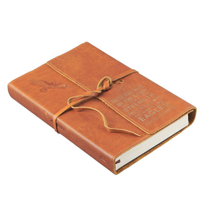 Wings of Eagles Saddle Tan Full Grain Leather Journal with Wrap Closure - Isaiah 40:31