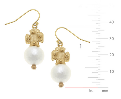 Cotton Pearl & Mini Handcast Gold Cross Earrings
