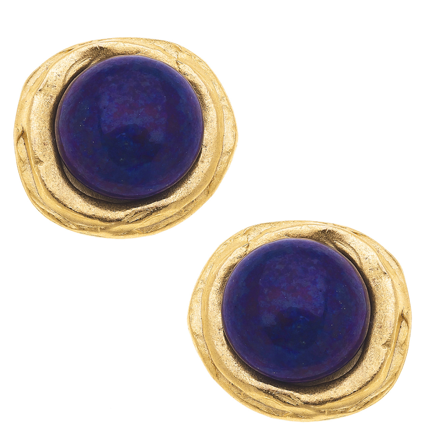 Handcast Gold with Genuine Lapis Pierced Earrings