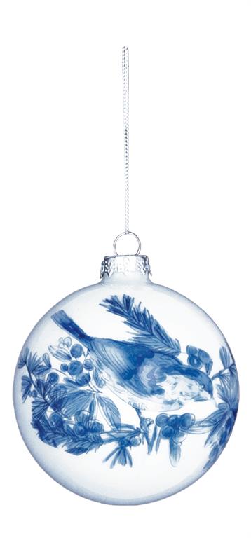 BIRD CHINOISERIE BALL ORNAMENT, 4.5", GLASS, BLUE/WHITE