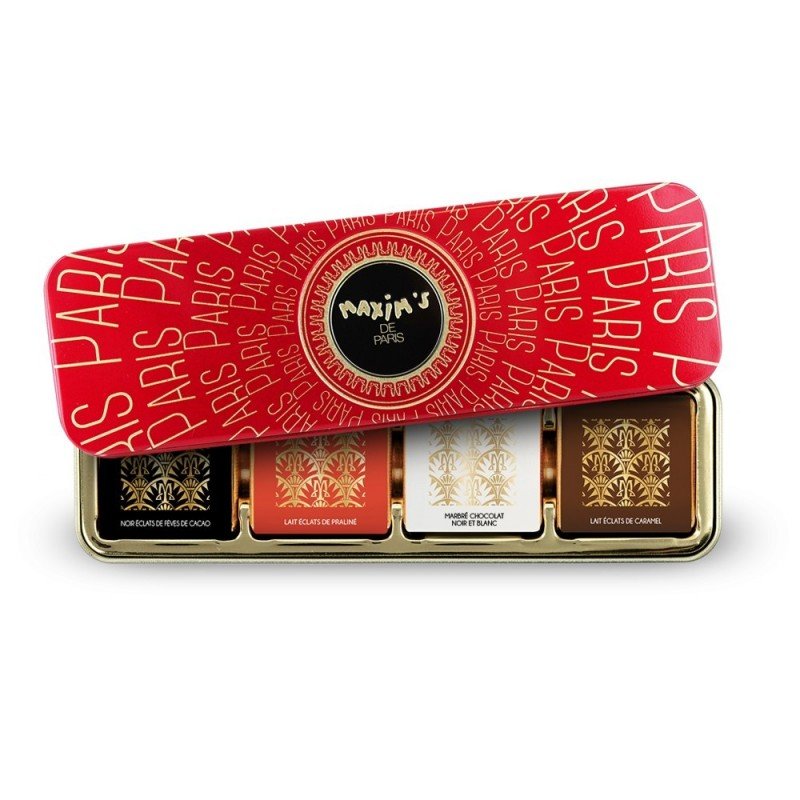 Assorted Chocolate Squares in a Red & Gold Pencil Tin, 8 Pces