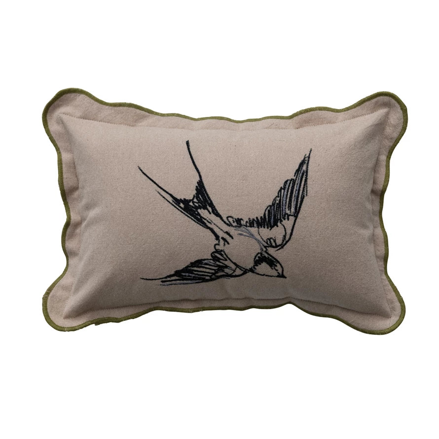 Cotton Chambray Printed Lumbar Pillow w/ Bird