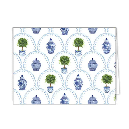 Chinoiserie Topiary Scallop Folded Notecards