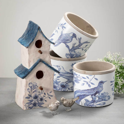 Blue and White Pot with Bird