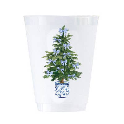 16 oz Shatterproof Cups | Set of 8 | Blue Bow Christmas Tree