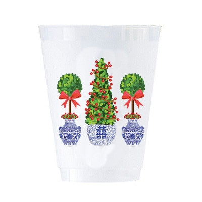 16 oz Shatterproof Cups | Set of 8 | Christmas Topiaries