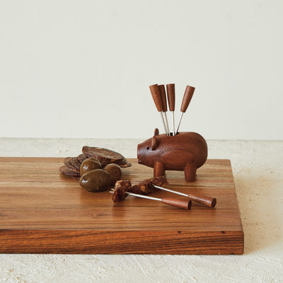 Wooden Pig Holder with Forks