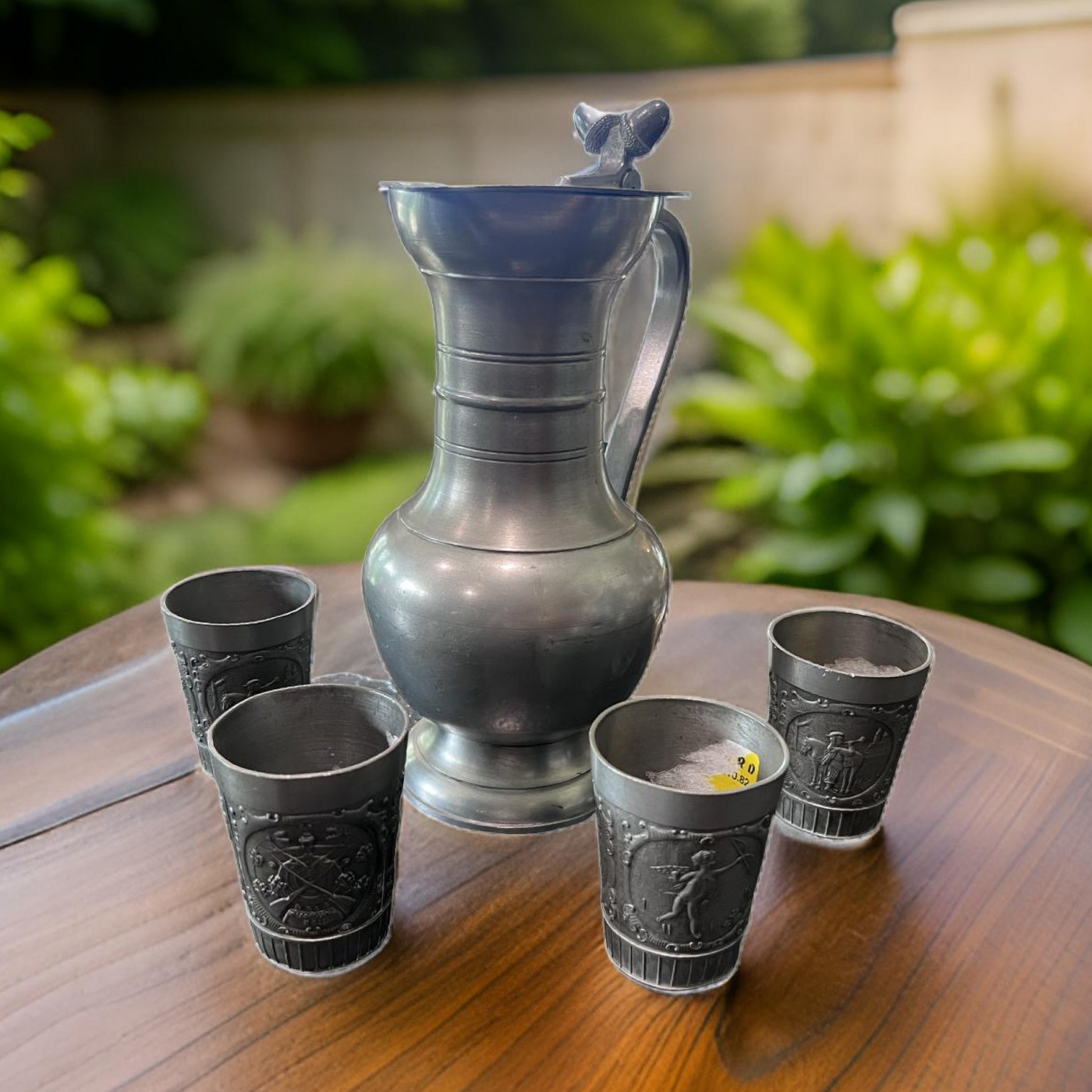 Antique Pewter Pitcher with 4 Pewter Hunt Cups