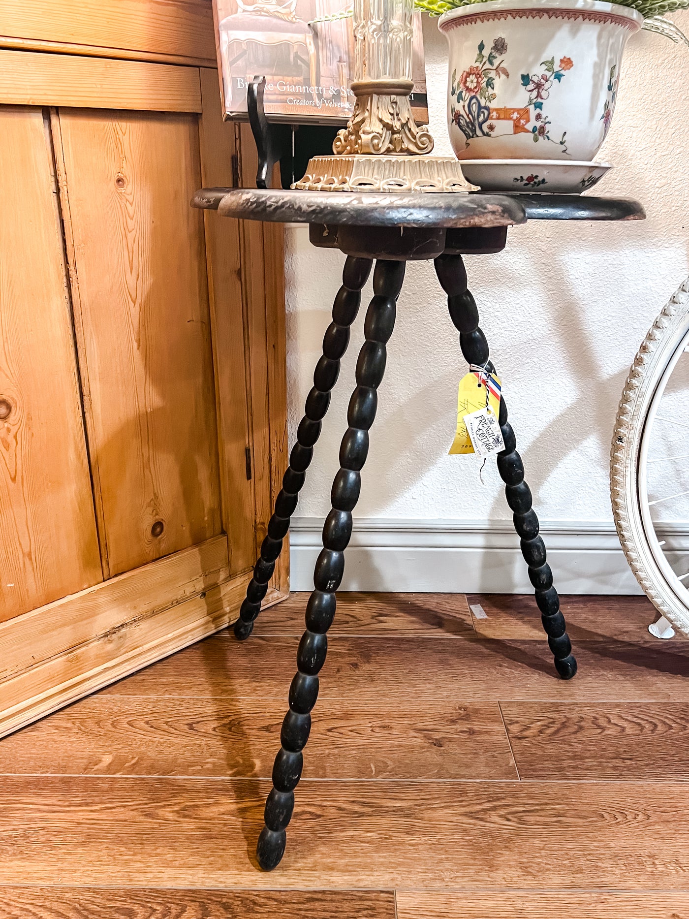 Antique Black Cloverleaf Spool Side Table