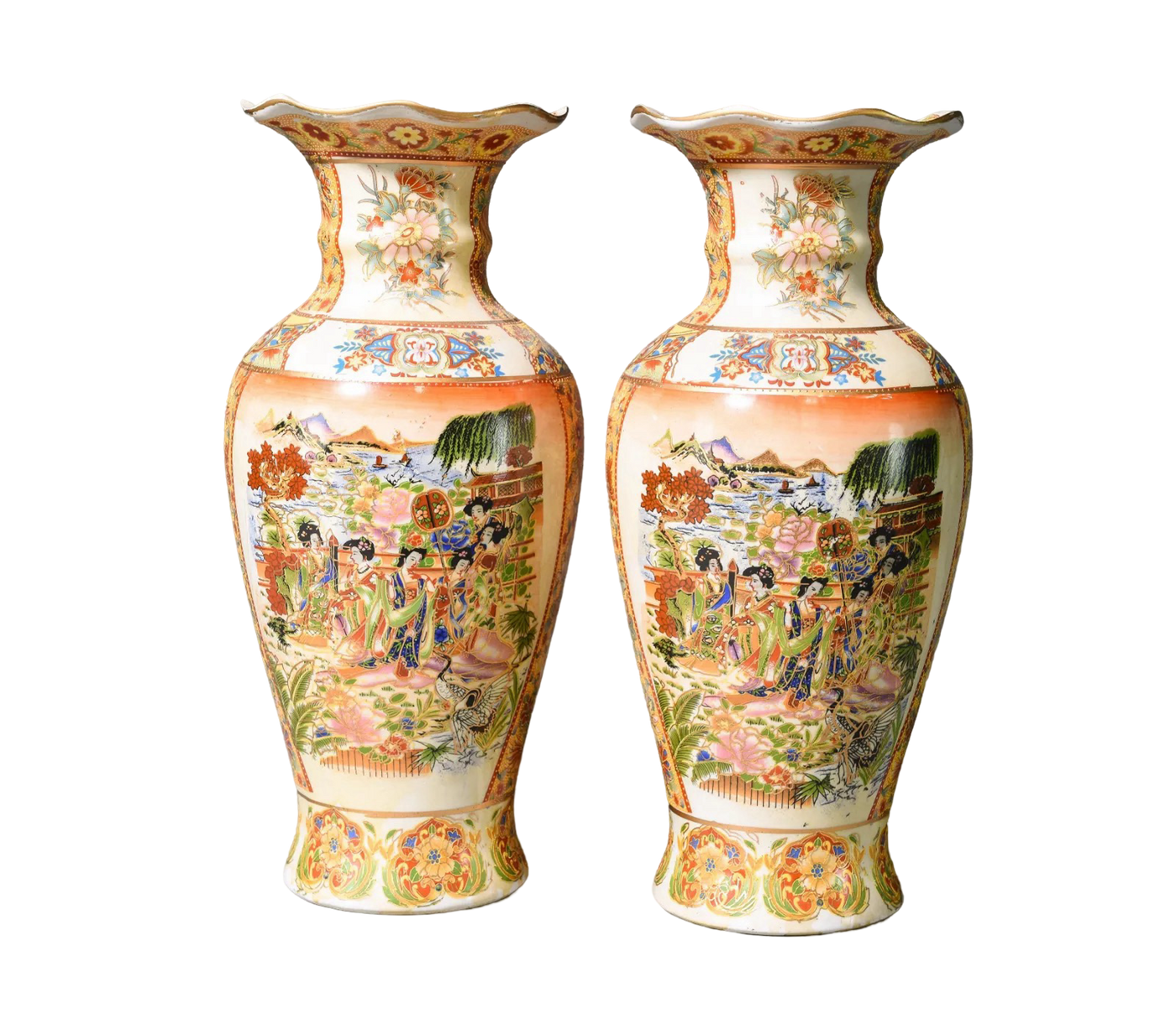 Pair of Satsuma Style Porcelain Vases with Raised Enamel