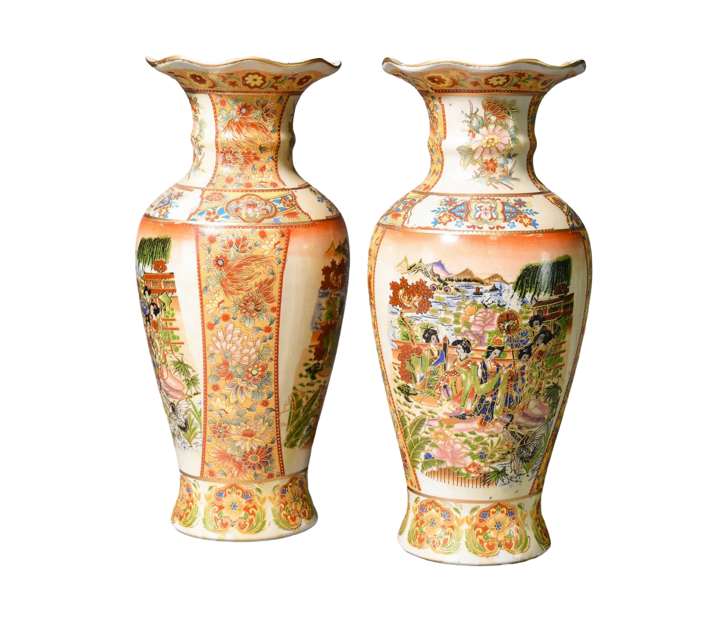 Pair of Satsuma Style Porcelain Vases with Raised Enamel