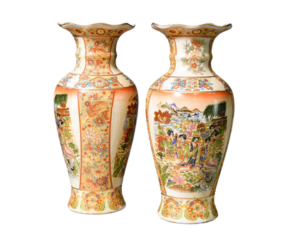 Pair of Satsuma Style Porcelain Vases with Raised Enamel