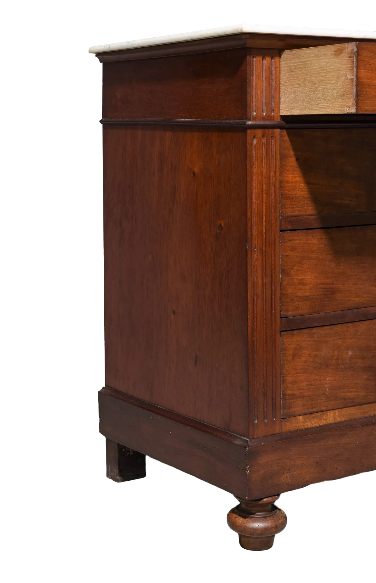 Antique French Mahogany Chest with Turned Legs and White Marble