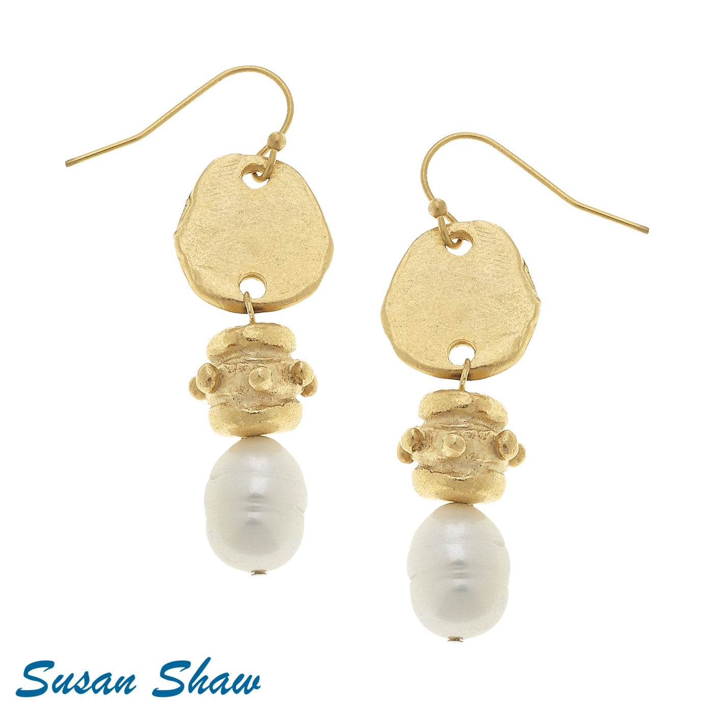 Handcast Gold Oval & Genuine Freshwater Pearl Earrings
