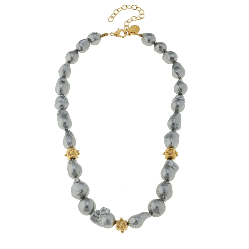 Grey Baroque Pearl Necklace with Gold Beads