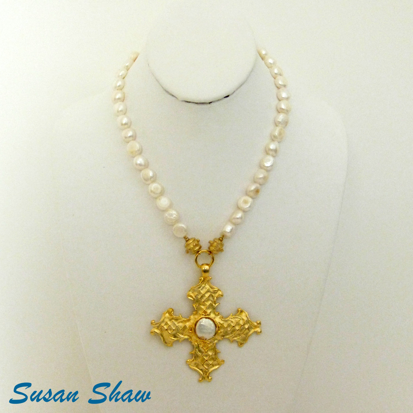 Handcast Gold Cross on Genuine Freshwater Pearl Strand Necklace