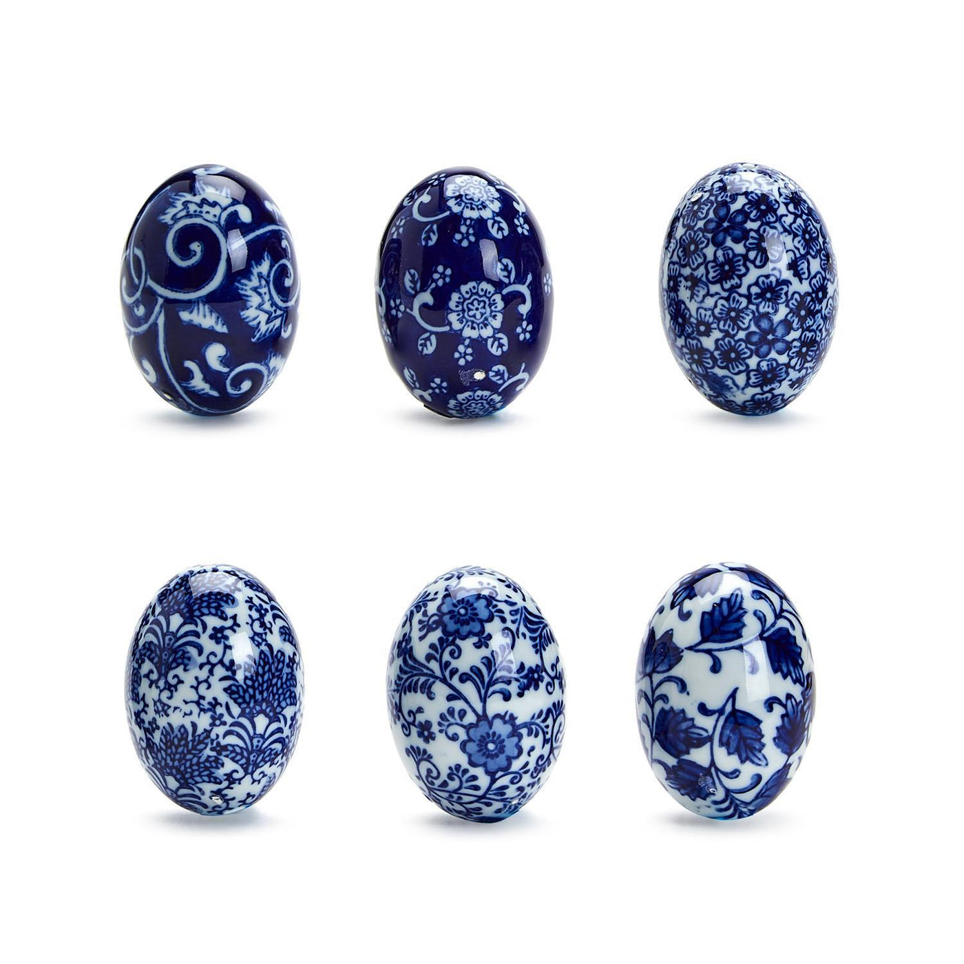 Blue and White Set of 6 Hand-Painted Porcelain Eggs