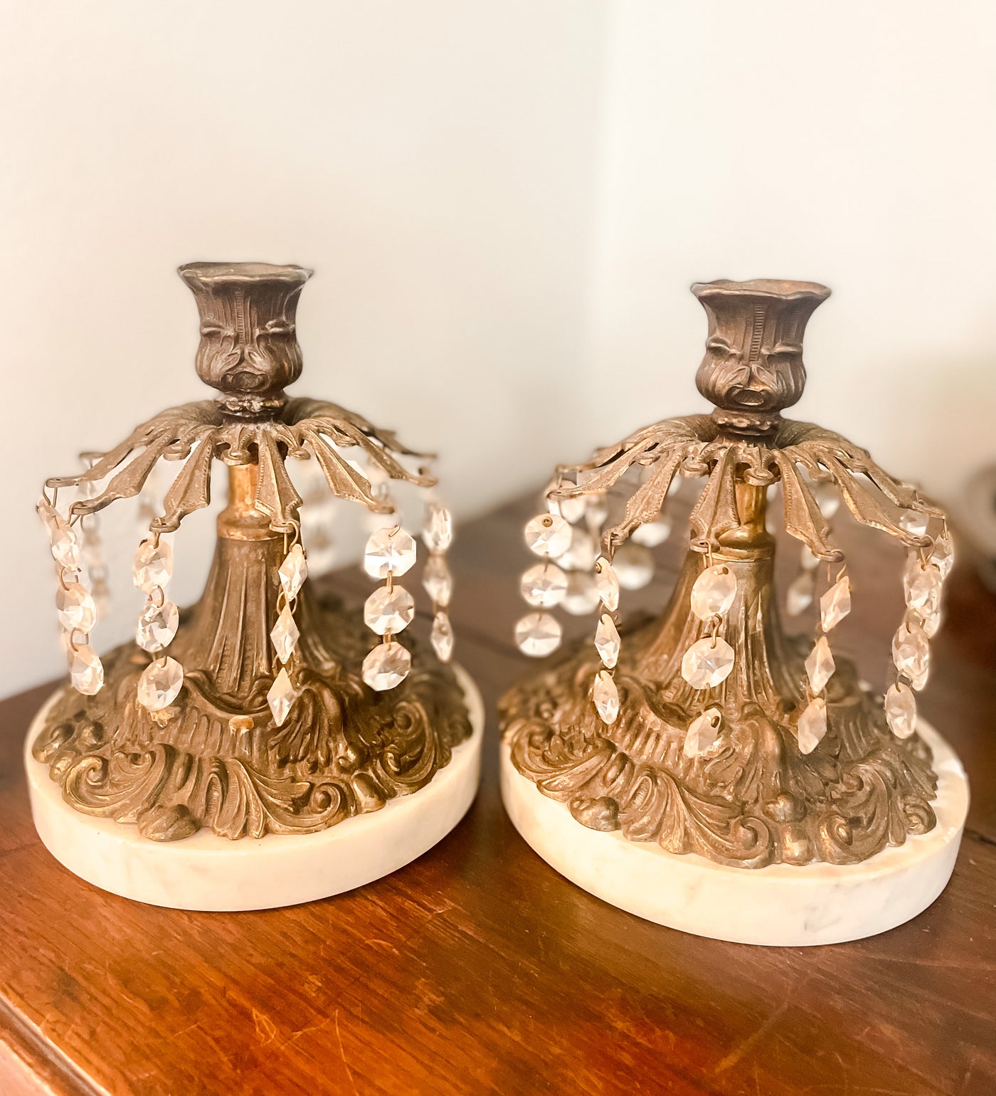 Pair of Antique Brass & Marble French Candle Holders
