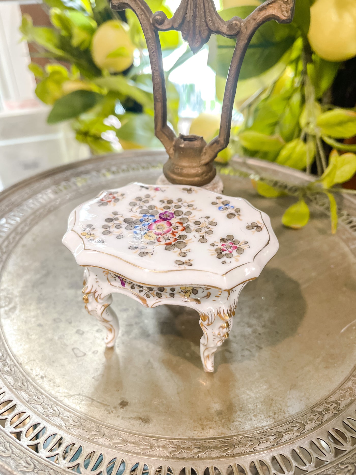 Antique Porcelain Miniature Table with Flowers