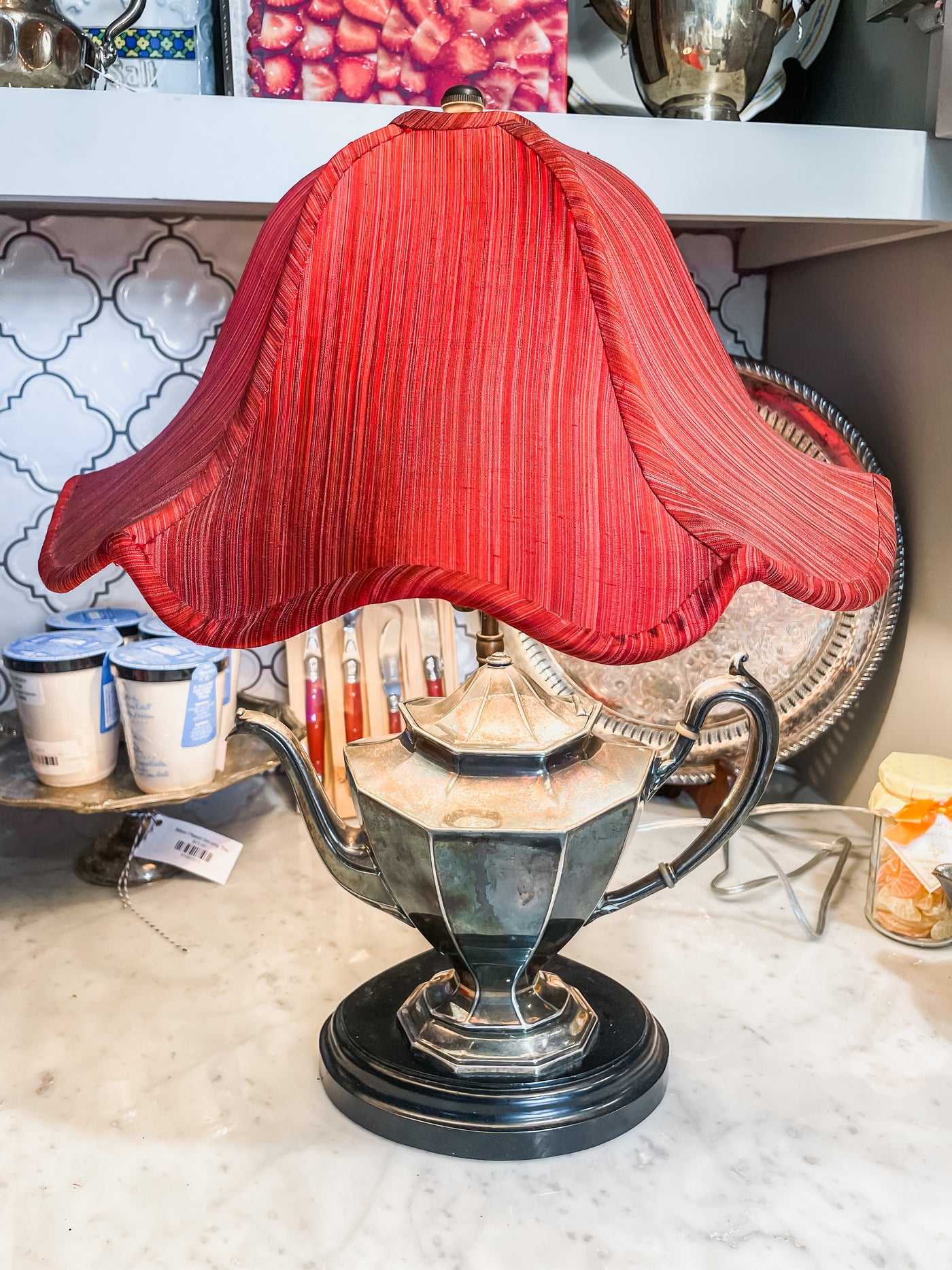 Custom Silver Teapot Lamp with Custom Red Shade