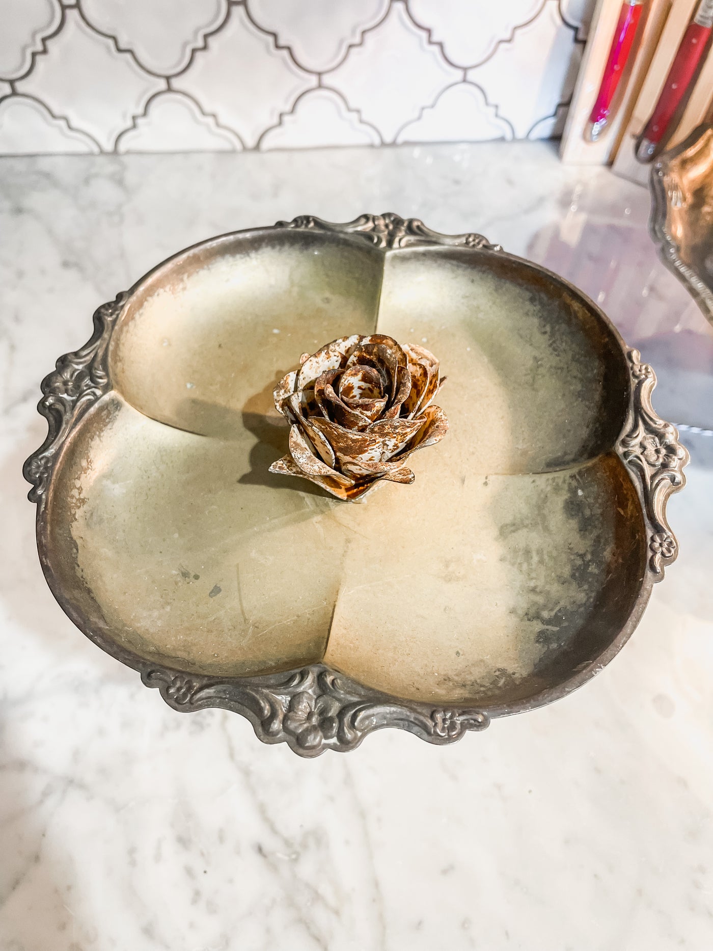 Vintage Silver Tray with Rose Center