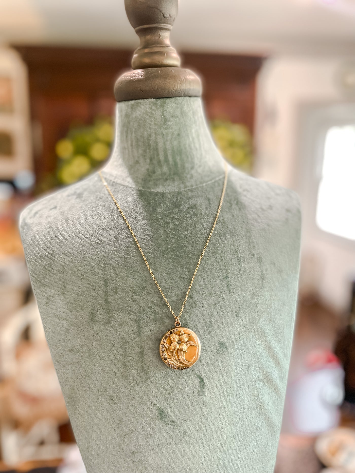 Antique Repousse Flower and Crescent Moon Paste Stone Necklace