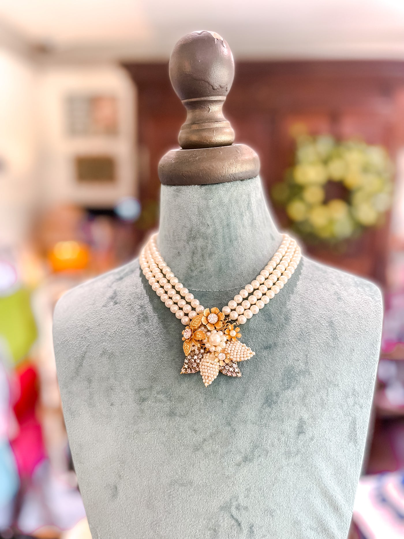 Vintage 3-Strand Pearl & Rhinestone Necklace