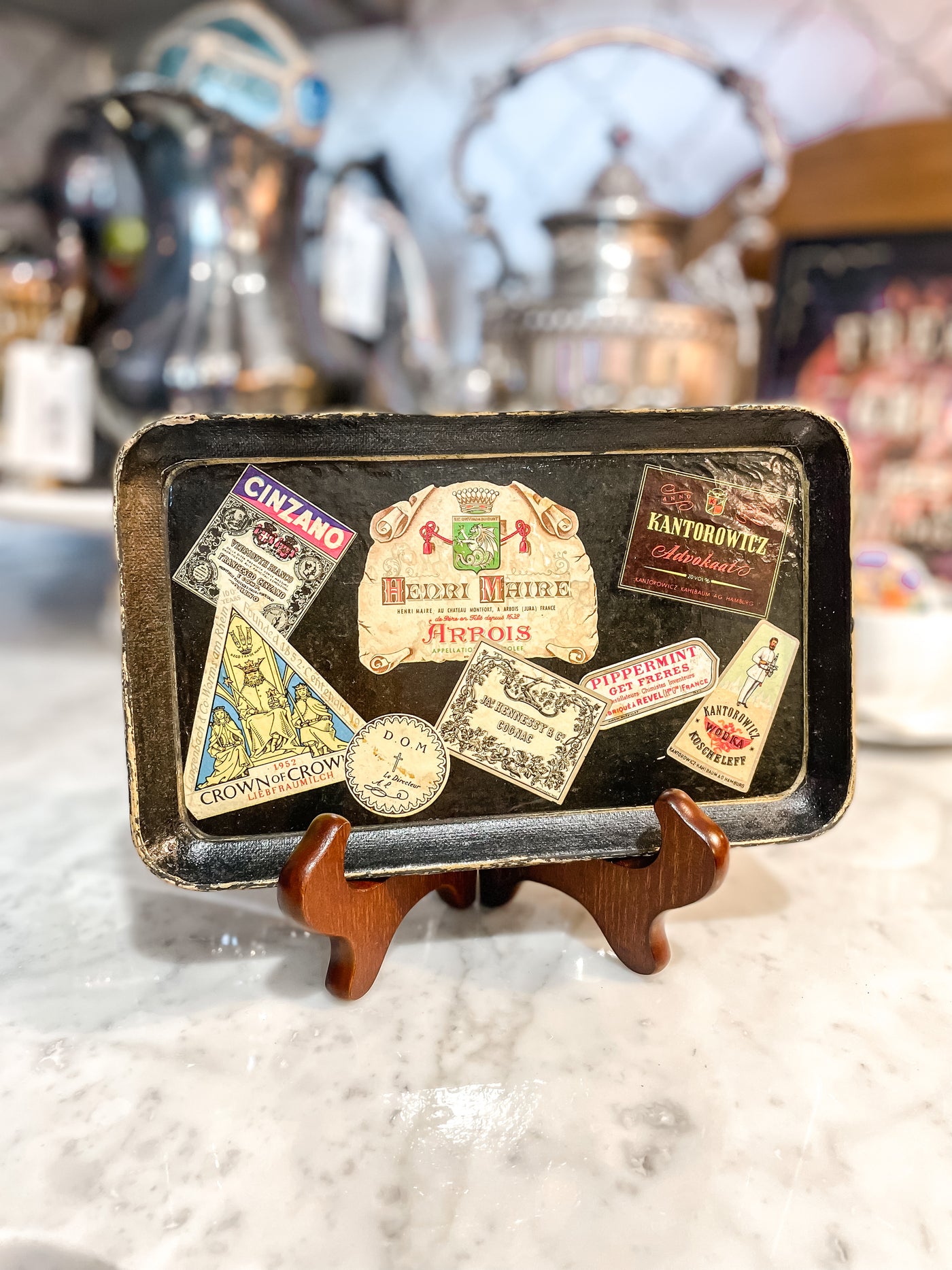 Vintage Paper Mache Tray with Vintage Liquor Labels