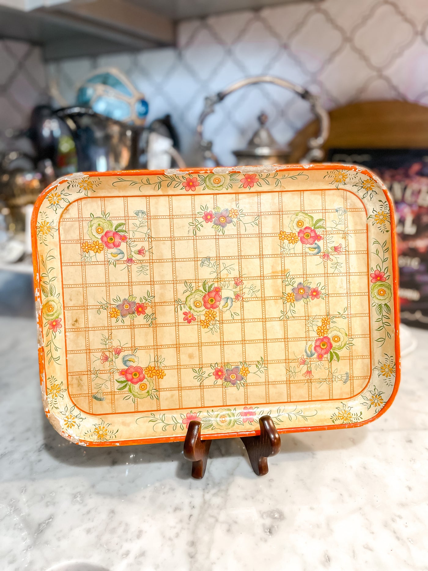Vintage Paper Mache Tray with Gingham and Flowers