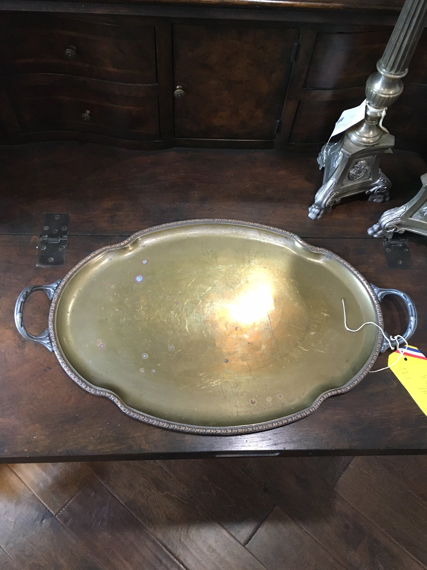 Antique Brass Tray with Copper Trim and Silver Handles