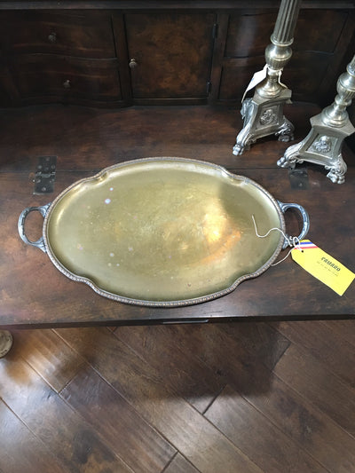 Antique Brass Tray with Copper Trim and Silver Handles