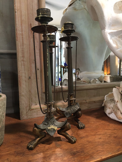 Antique Napoleon III Bronze Candlesticks with Chains
