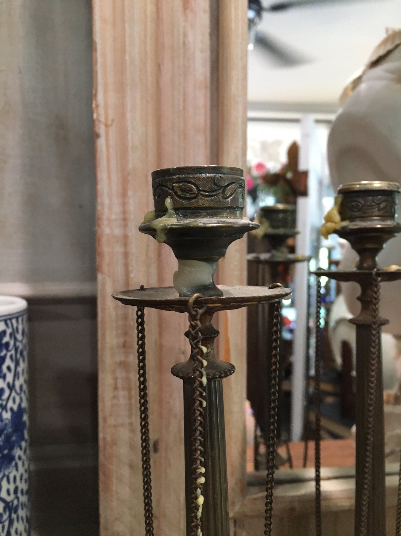 Antique Napoleon III Bronze Candlesticks with Chains
