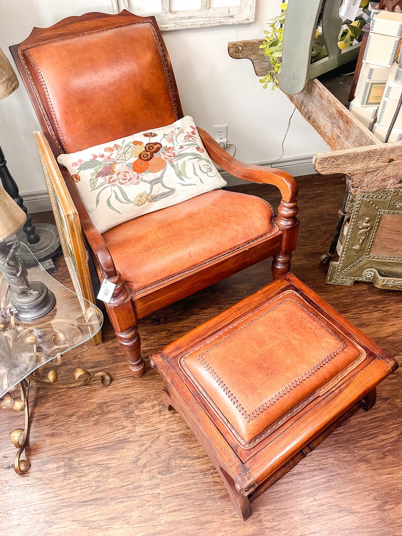 Teak and Cognac Leather Lounge Chair and Ottoman