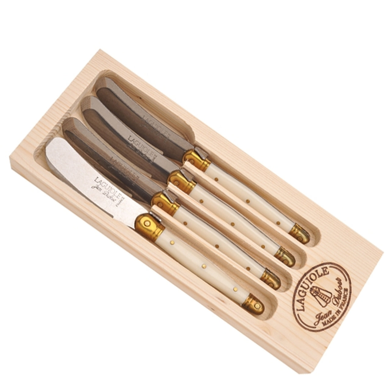 Jean Dubost 4 Spreaders with Ivory colored handles in a Wooden Box