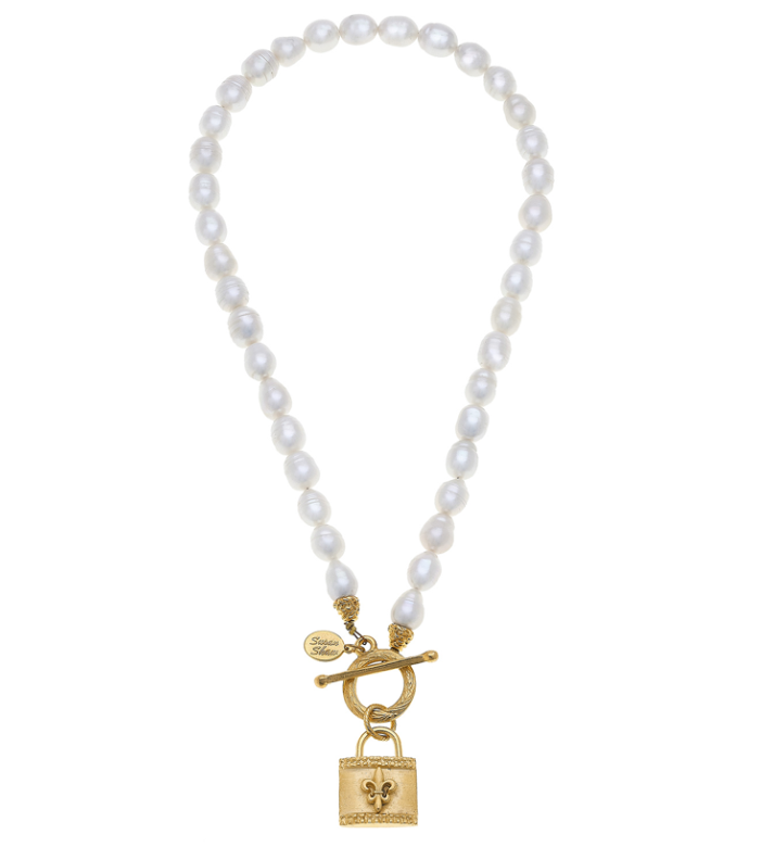 Freshwater Pearl & Gold Fleur de Lis Lock Necklace