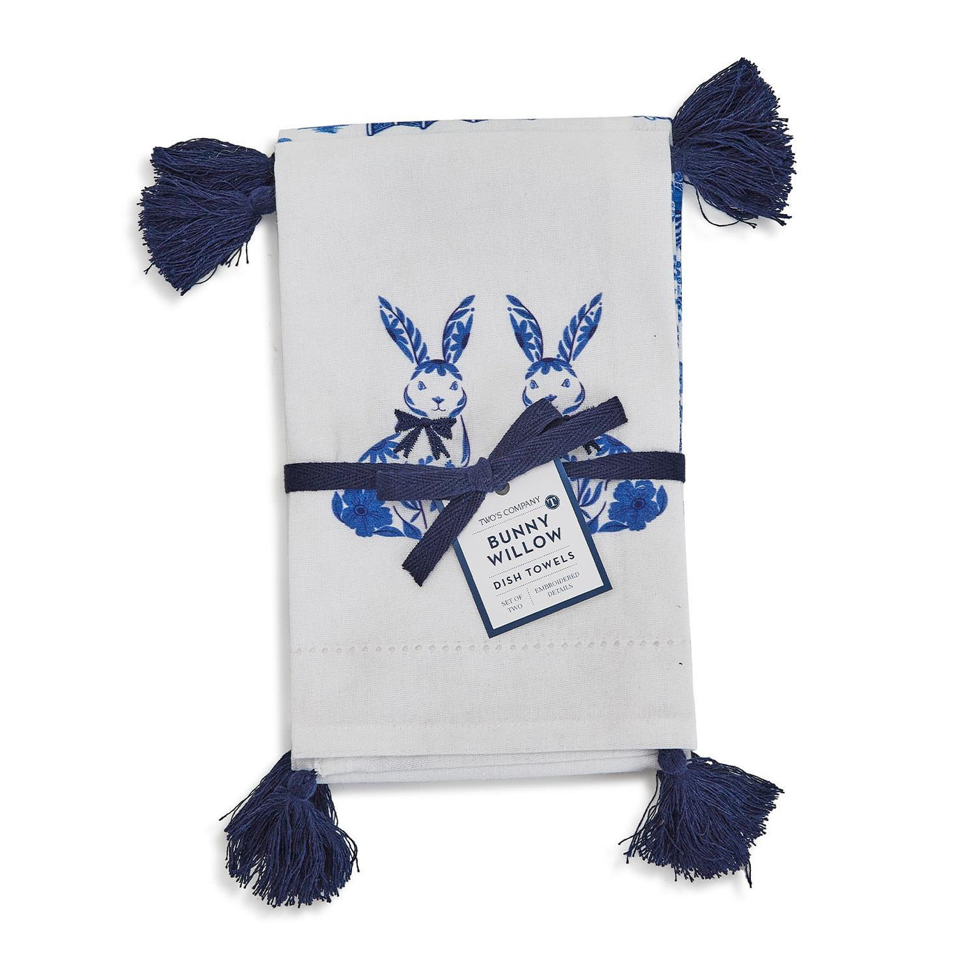 Blue & White Set of Two Dish Towels W/ Tassels & Embroidery