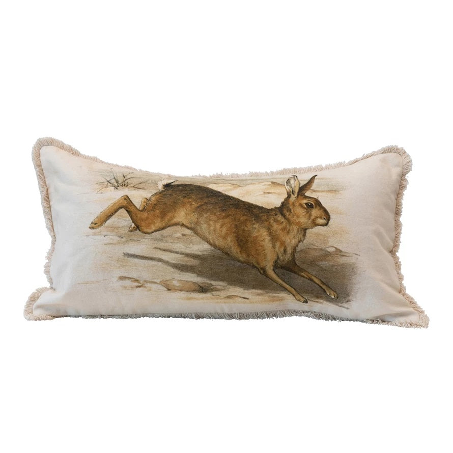 Cotton Lumbar Pillow with Rabbit and Fringe