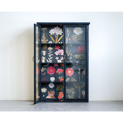 Distressed Wood Cabinet with Floral Papered Back