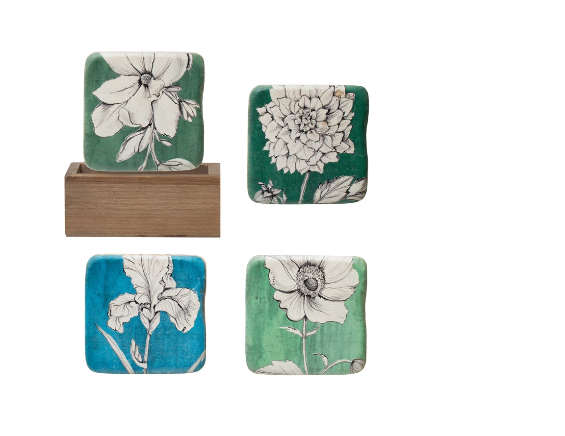 Coasters with Floral Print in Wood Box, Set of 5