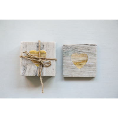 Marble Coasters with Wood Heart Inset, Set of 4