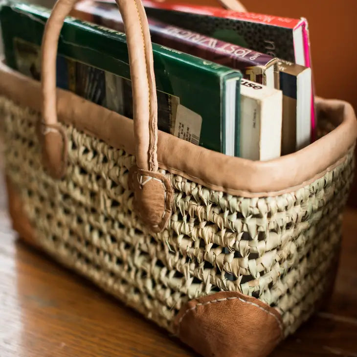 Open Weave Basket with Leather Trim